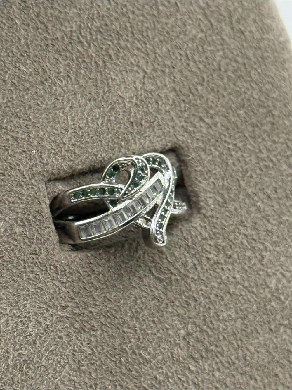 Sterling Silver heart Green and White Stone Crossover Ring